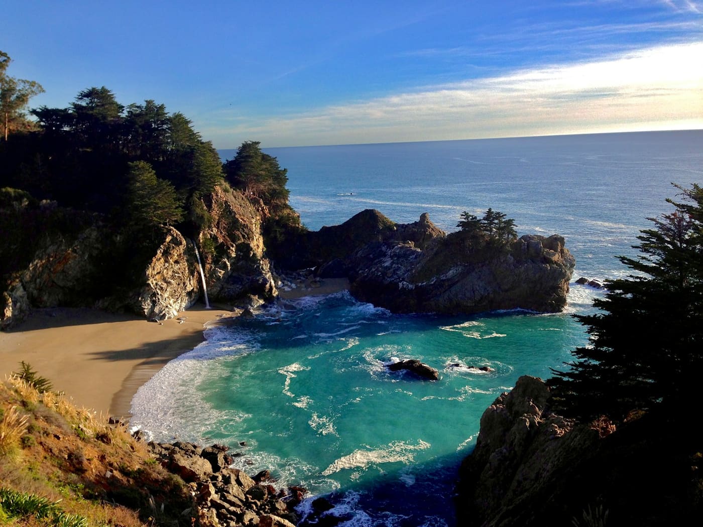 Big Sur cove with a waterfall and turquoise water